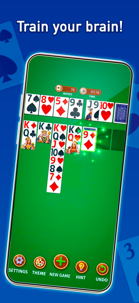 Solitaire: Classic Cards Games - Classic Klondike Solitaire card game gameplay on a mobile phone with a green table and brain training slogan