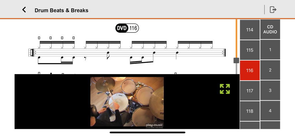 Interface de l'application Play Musique affichant un tutoriel de batterie avec partition et vidéo