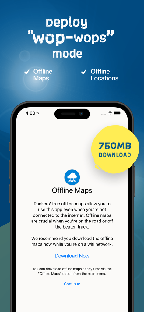 Offline maps download screen in the Rankers Camping NZ app