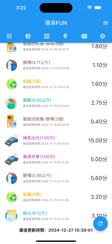 Captura de pantalla de la sección Green FUN en la aplicación DSPA Macao que muestra una lista de actividades de reciclaje y puntos ganados por acciones ambientales