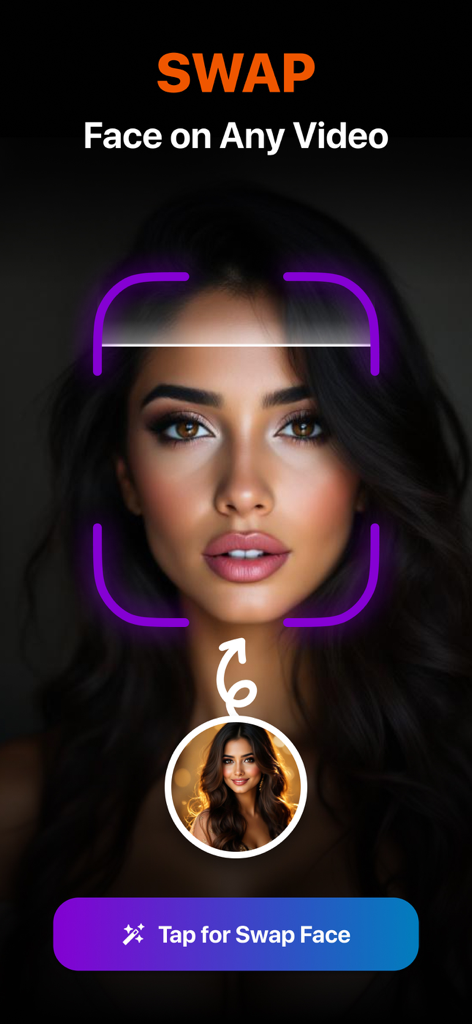 AI Face Swap by Swappx - Pantalla de la aplicación móvil que muestra la función de cambio de rostro con IA en un video