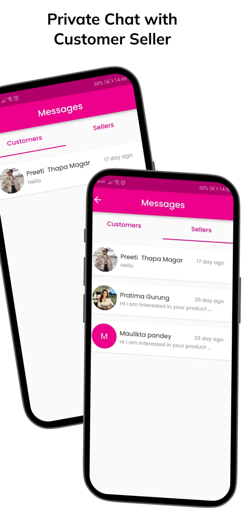 Thrift Store Nepal - Private messaging screen in the Thrift Store Nepal app showing chat history between buyers and sellers