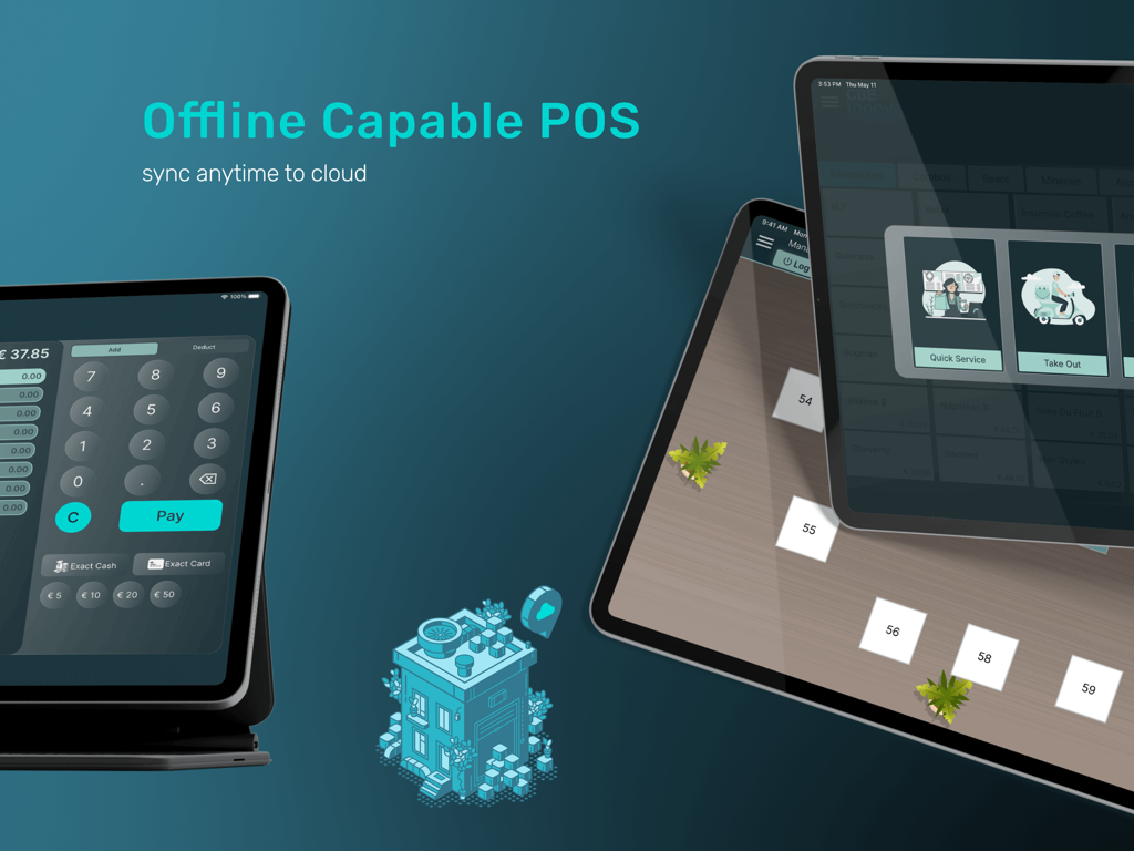 Sistema TPV para iPad con capacidad offline CBE Innova que muestra la pantalla de pago y la interfaz de gestión de mesas