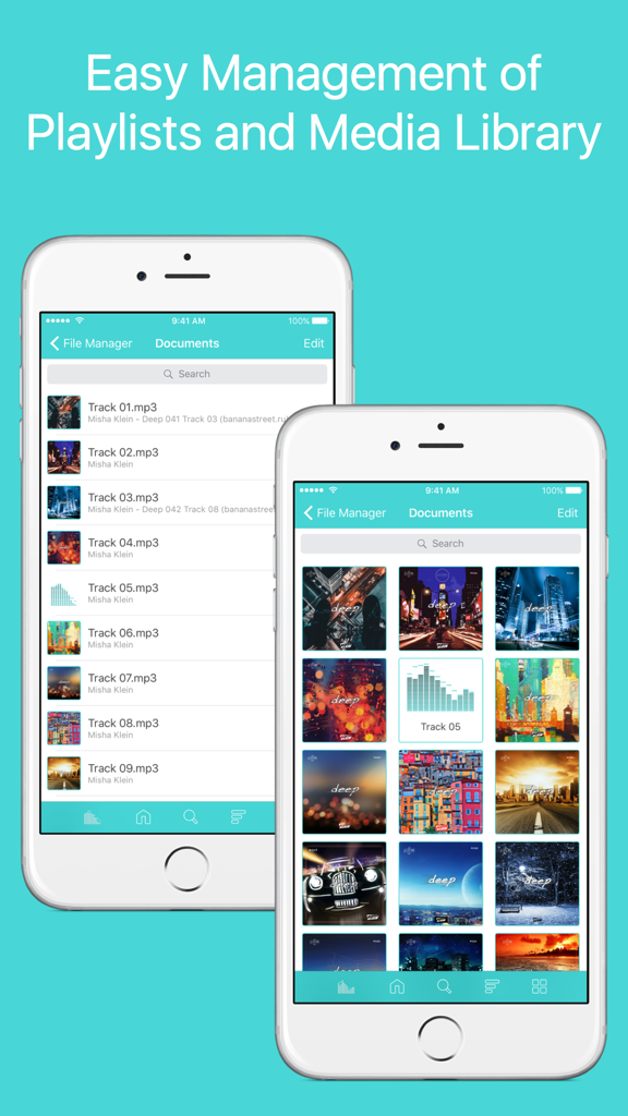 Two iPhones showing the list and grid views of the music file manager within the Equalizer Pro app