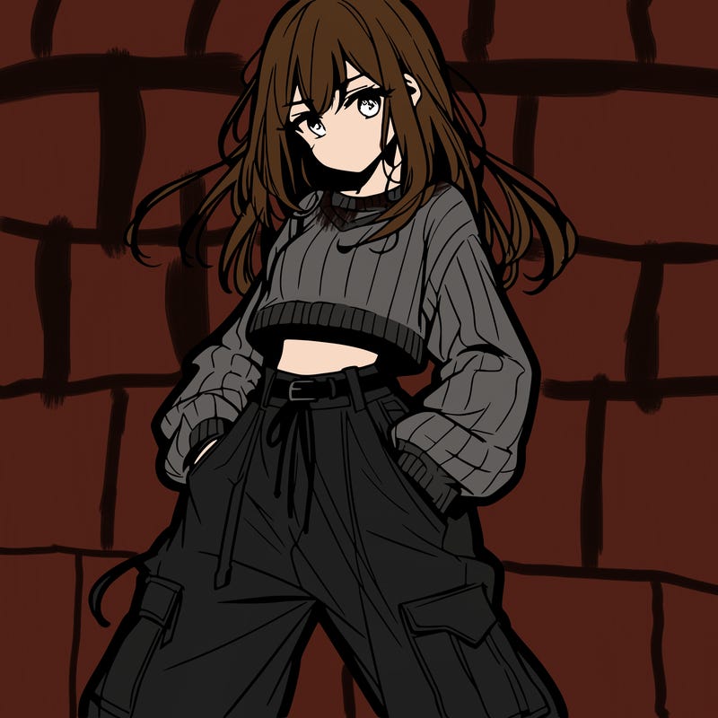 anime teen girl with baggy pants and crop top with sweater