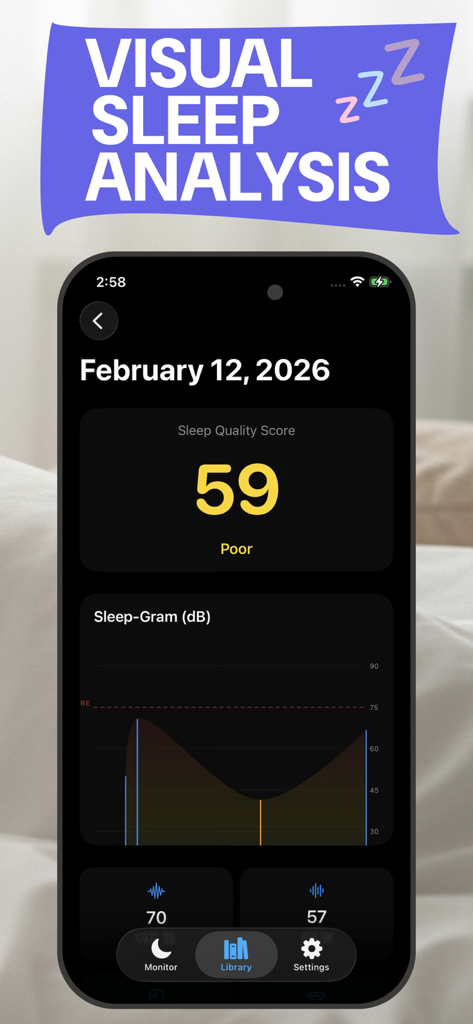 SleepMate: Record Your Snoring - SleepMate app screen displaying a visual sleep analysis with a sleep quality score and a decibel level graph.