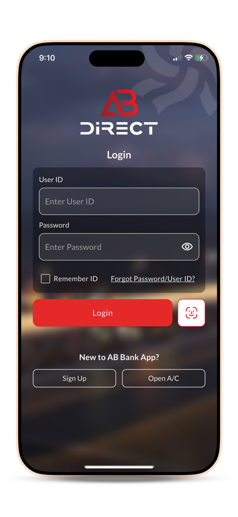 Login screen of the AB Direct Internet Banking mobile app featuring user ID and password fields