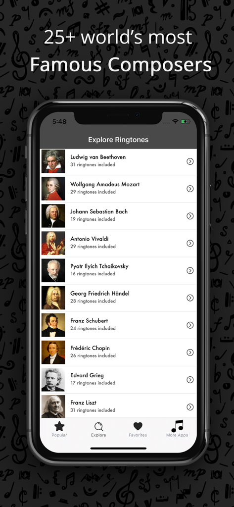 Classical Music Song Ringtones - ベートーヴェンやモーツァルトなどの有名なクラシック作曲家のリストを表示する着メロアプリのエクスプローラー画面