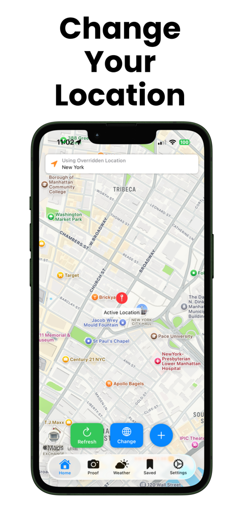 위치 변경 제목이 있는 모바일 앱 화면으로 뉴욕 지도가 표시되고 재정의된 위치가 사용 중임을 알리는 알림이 있습니다.