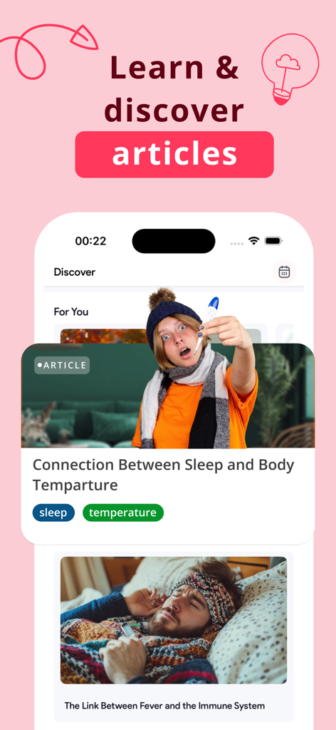 Pantalla de la aplicación que muestra artículos educativos sobre la conexión entre la temperatura corporal, el sueño y el sistema inmunológico.