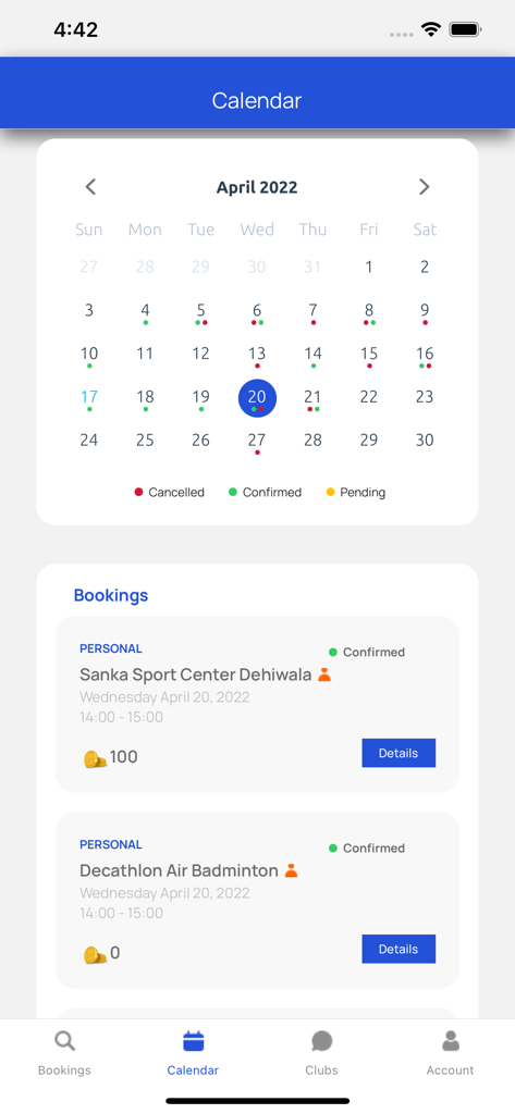 Play.Book - Play.Book app interface showing a monthly calendar view with color-coded status dots and a list of confirmed sports venue bookings.