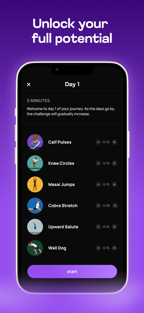 Daily exercise routine screen in the Taller app showing stretching movements to maximize height potential.