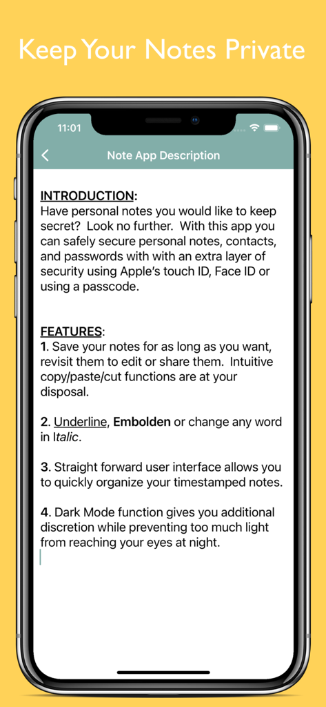 Pantalla de smartphone mostrando las características y beneficios de seguridad de la aplicación Notas Privadas
