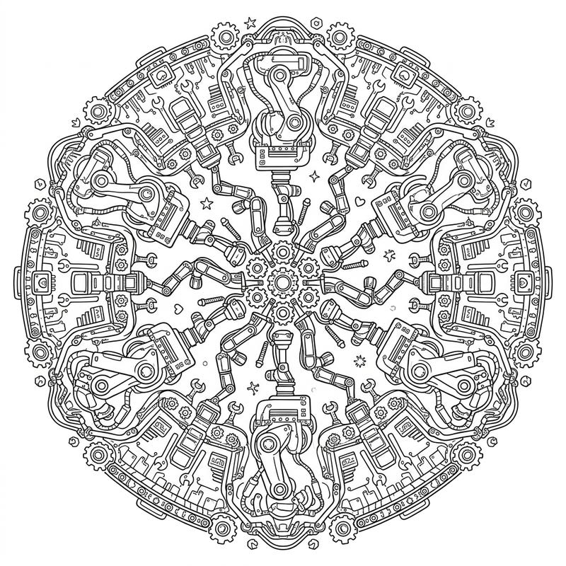 Explore the intricate beauty of robotics and sacred geometry with this unique Industrial Robot Mandala coloring page. Perfect for tech enthusiasts and mandala lovers seeking a challenging and rewarding creative escape.