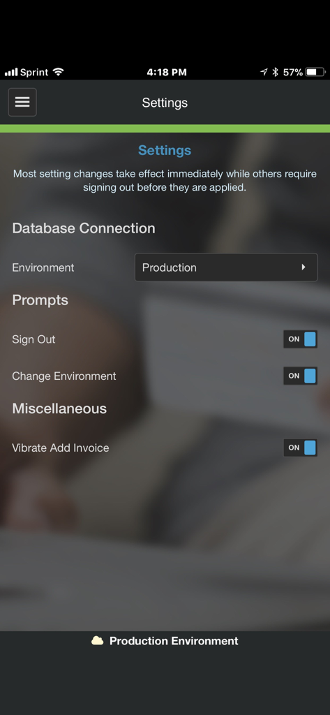 ETran Mobile Payments - Settings interface of the ETran Mobile Payments app showing database connection and prompt configurations