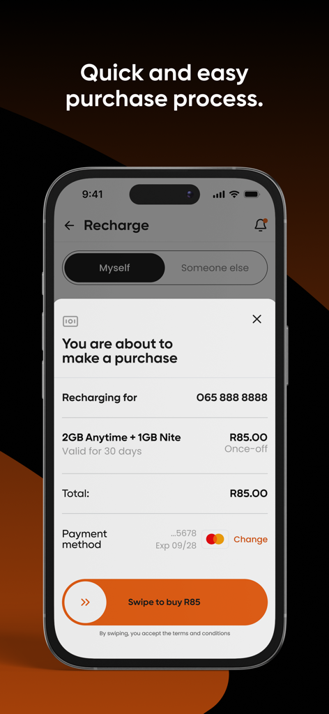 Cell C - Cell C mobile app interface showing a data bundle purchase confirmation with a swipe to buy button.