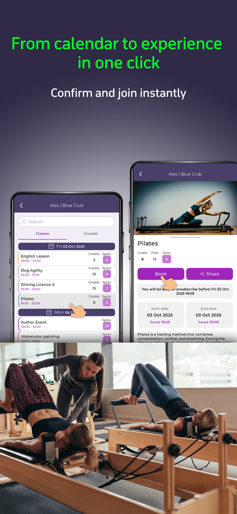 Mobile-Telefon-Bildschirme, die die BookyWay App-Oberfläche für die Auswahl von Aktivitäten und die Buchung von Pilates-Kursen anzeigen.