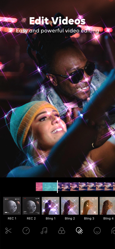 B612アプリの動画編集インターフェース、キラキラフィルターとエフェクトを表示