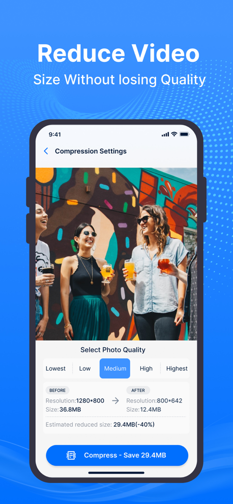 Swift Cleaner-Clean Up Storage - Swift Cleaner app interface showing video and photo compression settings to save storage space