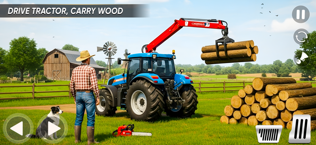Farming Tractor Game Simulator - A blue tractor lifting wood logs with a crane in a farm field beside a farmer and dog