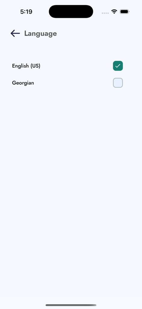 Challe Activity - The language settings screen in the Challe Activity app featuring English US and Georgian options