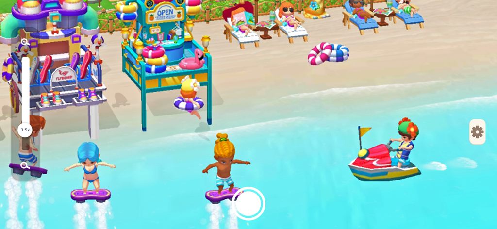 My Little Paradise: Island Sim - Personajes practicando deportes acuáticos en un resort de playa tropical en My Little Paradise