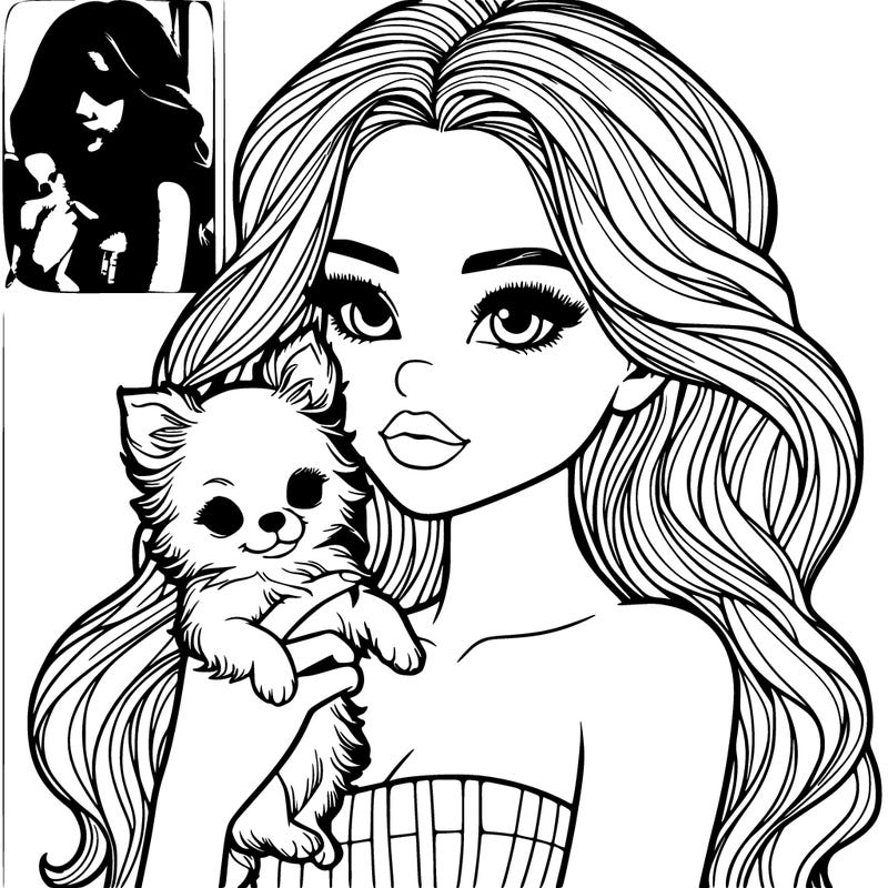 realistic girl with medium length wavy hair realistic holding a baby chihuahua realistic