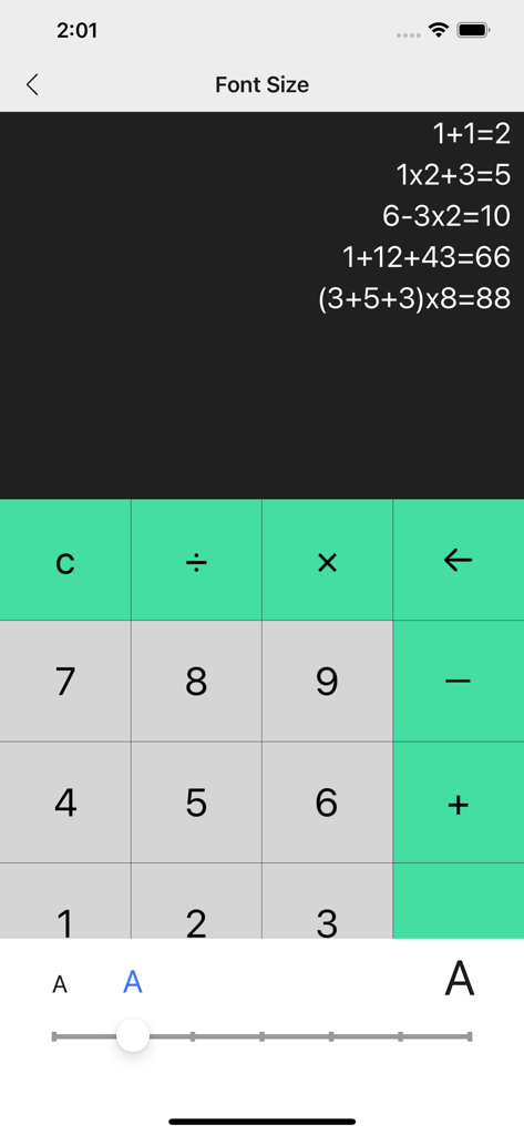 Calculator - MingCalc - A screenshot of the MingCalc calculator app showing the font size settings with a slider and calculation history tape