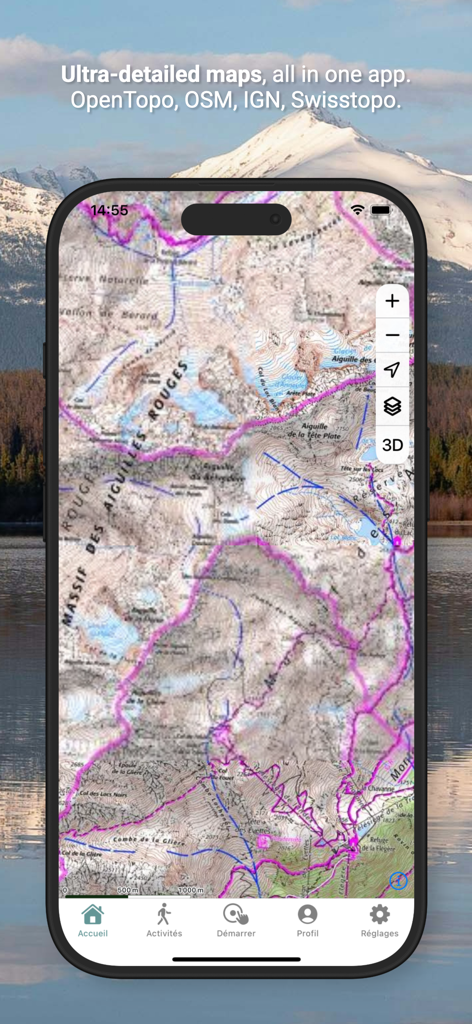 isomaps - Isomaps mobile app showing a detailed topographic map with hiking trails in the mountains.