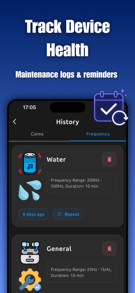 SoundCare: Speaker Cleaner - Pantalla de la aplicación SoundCare que muestra un historial de limpieza de altavoces y registros de mantenimiento