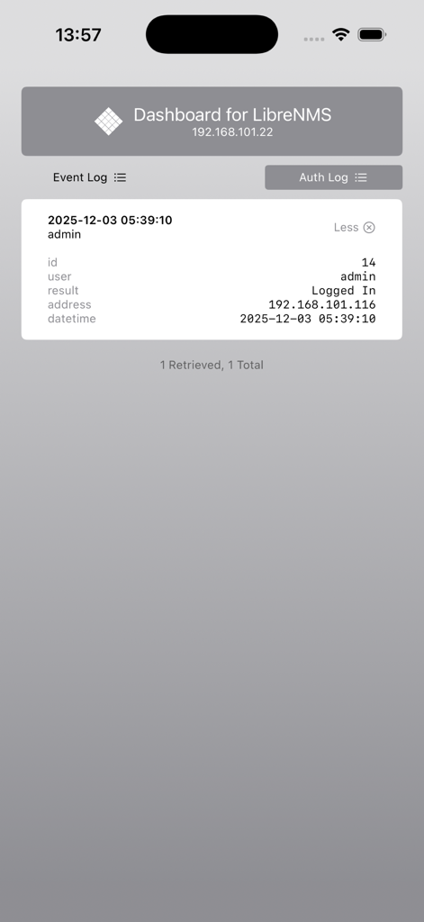 Dashboard for LibreNMS - Authorization log detail screen showing admin login success and IP address in the LibreNMS dashboard app