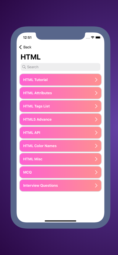 CodeHub app interface displaying the HTML learning menu with options for tutorials, tags, and interview questions