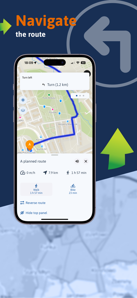 Traseo app interface showing real-time GPS navigation for a planned hiking or cycling route with time and distance statistics.