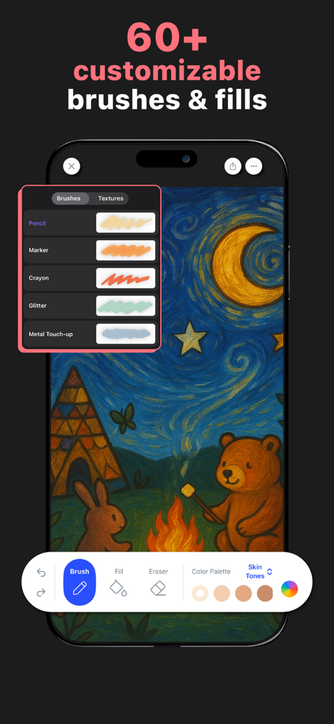 Interface of the Bloom adult coloring app showing customizable brushes and a cozy campfire illustration.