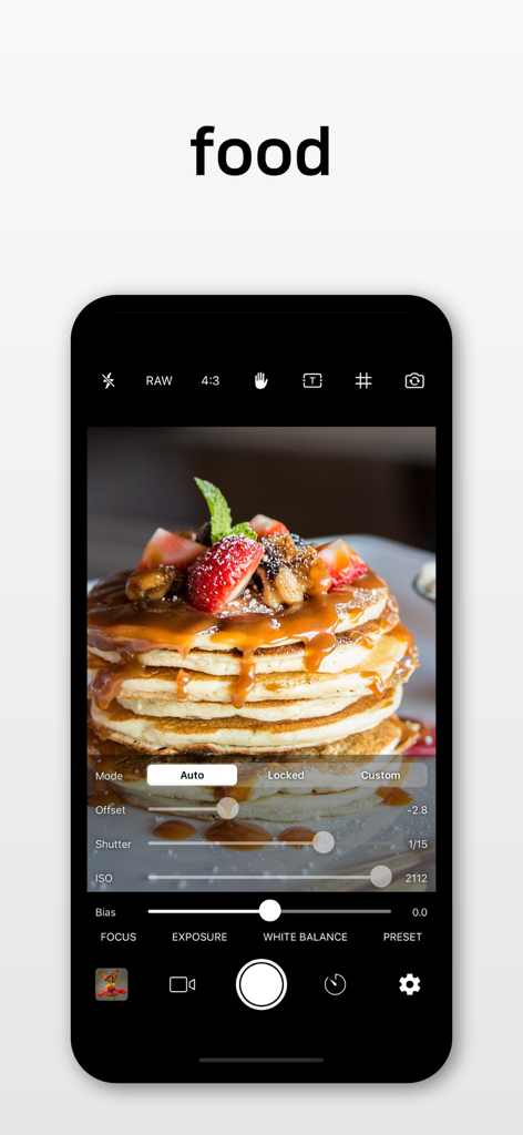 Yamera (Manual Camera) - Interfaccia dell'app fotocamera manuale Yamera con controlli di esposizione professionali per la fotografia di cibo.