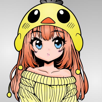 anime girl with chick shaped hat with sweater with bare shoulders with bangs covering them one eye with low tail