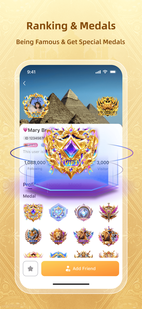 Ohma: Games and Party - Perfil do usuário no aplicativo Ohma mostrando várias medalhas de ranking social e níveis de status VIP.