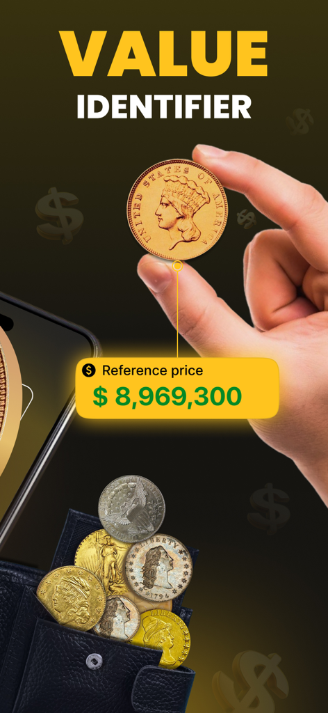CoinSpot - Coin Value Scanner - Una mano sosteniendo una moneda de oro rara que muestra un alto precio de referencia dentro de la interfaz de la aplicación CoinSpot.