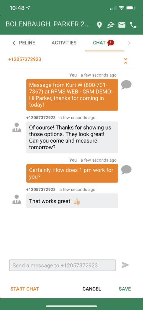 RFMS CRM - RFMS CRM app chat screen showing a salesperson and customer discussing measurement scheduling for a flooring project.