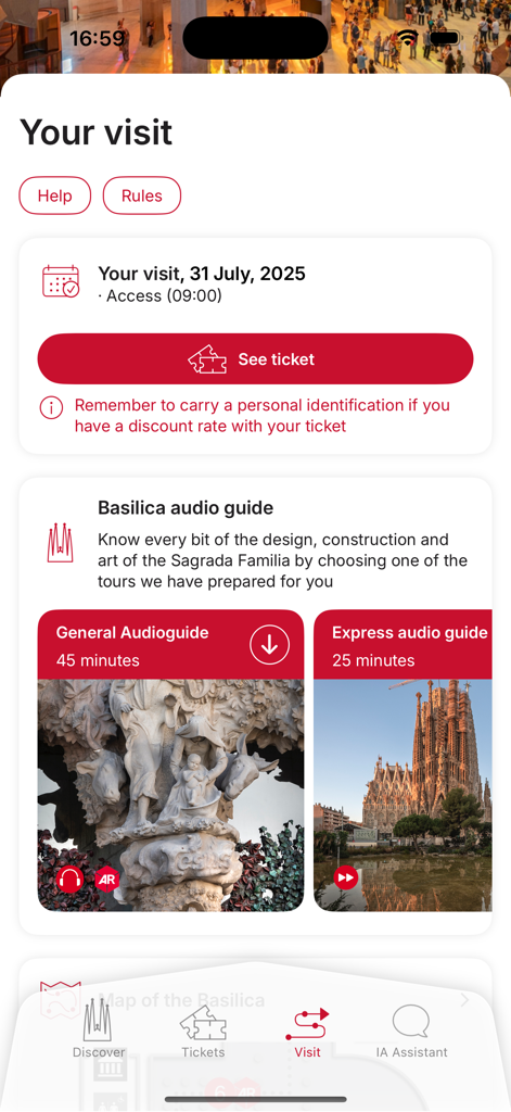Mobile interface of the Sagrada Familia app showing visit schedule and audio guide options.