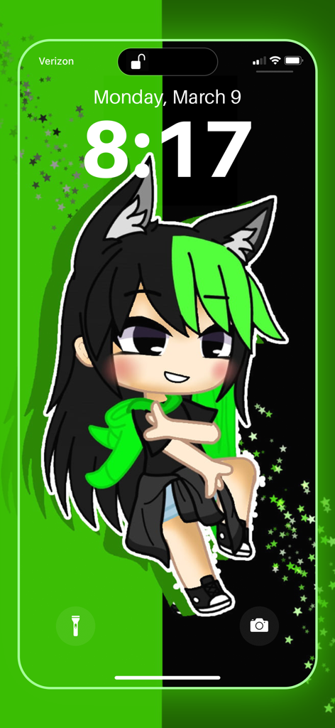 Gacha life HD wallpaper maker - A Gacha Life character wallpaper with a green and black split background on an iPhone lock screen.