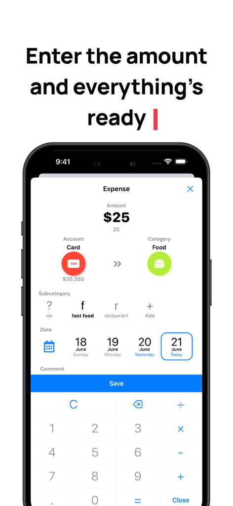 Mobile app interface for logging a twenty five dollar food expense in Budget OK