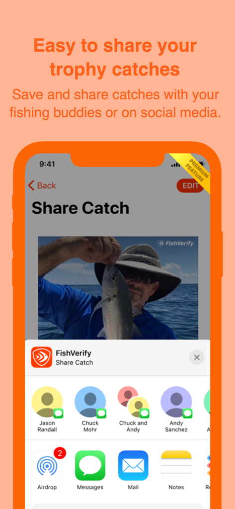 FishVerify app screen showing the social sharing options for a fish catch photo