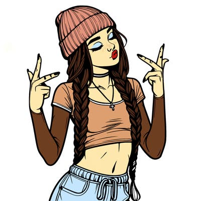realistic teenage girl with braids and a beanie and crop top doing 🫶🏼
