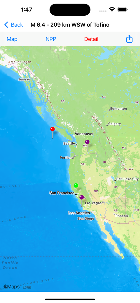 Interactive map showing a magnitude 6.4 earthquake epicenter, the user's current location, and nearby nuclear power plants along the West Coast.