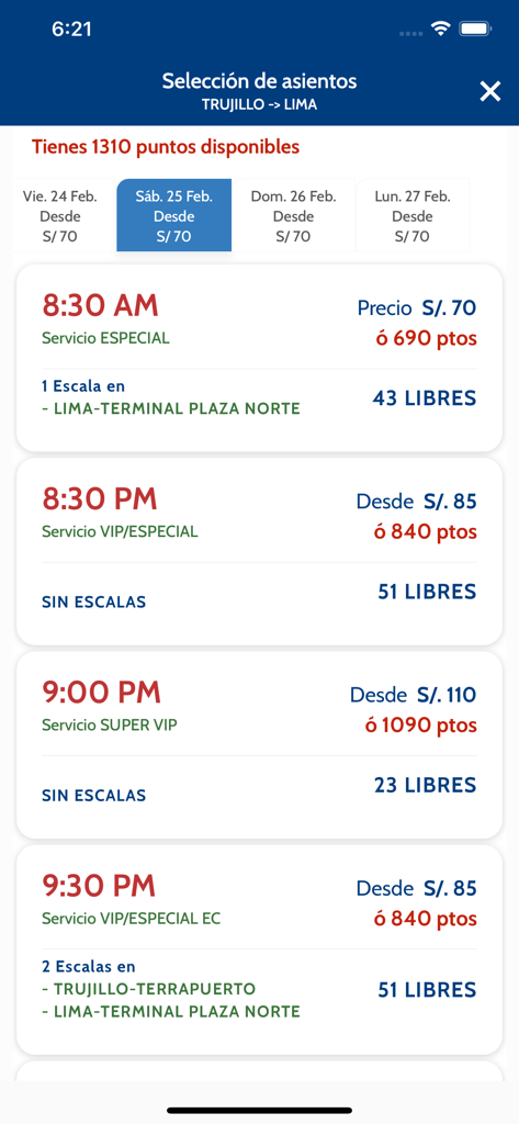 Linea app screen showing bus schedules, prices, and service types for travel in Peru.