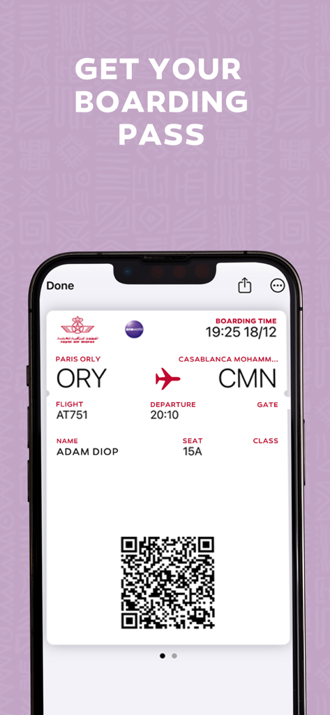 Royal Air Maroc - スマートフォン画面に表示されたパリからカサブランカへのロイヤル・エア・モロッコ便のデジタル搭乗券