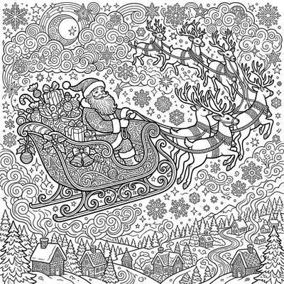 Dive into the festive spirit with this exquisitely detailed coloring page, featuring Santa Claus soaring through the night sky in his sleigh. This full-scene illustration captures the magic of Christmas Eve, making it a perfect holiday activity.
