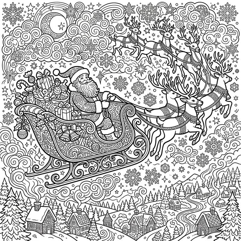 Dive into the festive spirit with this exquisitely detailed coloring page, featuring Santa Claus soaring through the night sky in his sleigh. This full-scene illustration captures the magic of Christmas Eve, making it a perfect holiday activity.