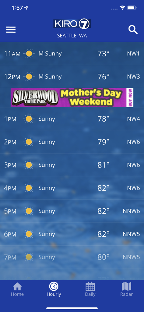 Hourly weather forecast screen in the KIRO 7 PinPoint Weather app for Seattle showing sunny conditions and temperatures